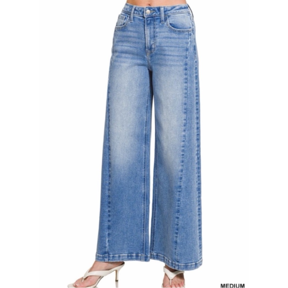 Zenana Wide Leg Side Panel Soft Stretch Jeans NWOT - Picture 2 of 13